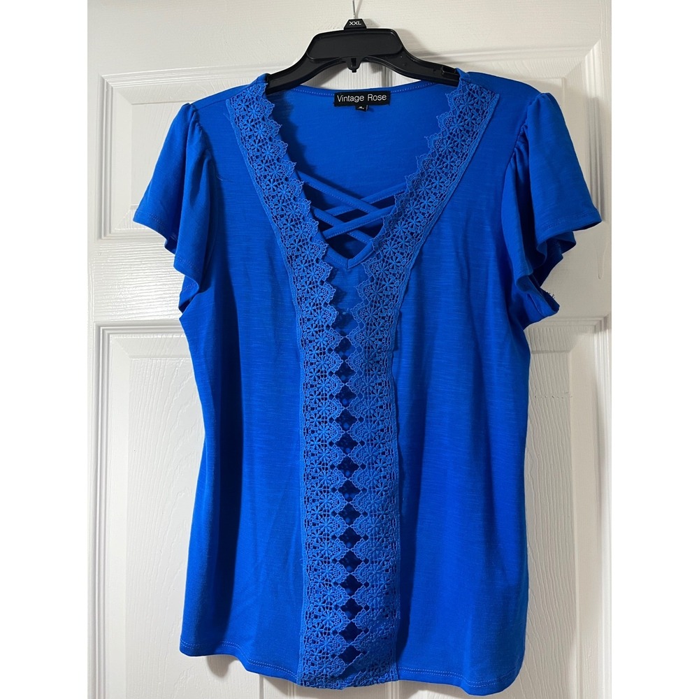 Vintage Rose Royal Blue Crochet Lace Trim Strappy V-Neck Flutter Sleeve Top M